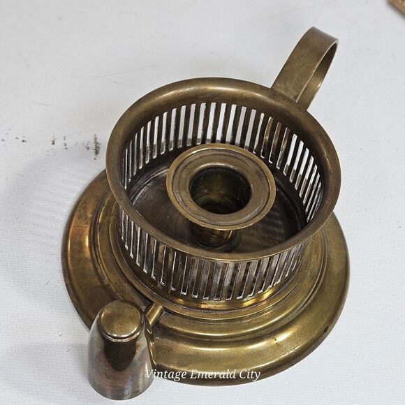 Vtg Antique Brass Chamberstick Rare Candle Holder W Handle Tapered Candelabra - Picture 5 of 13